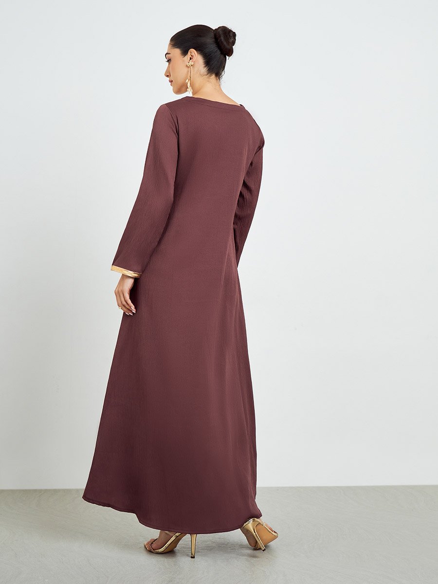 Brown Textured Jalabiya with Lace Trim