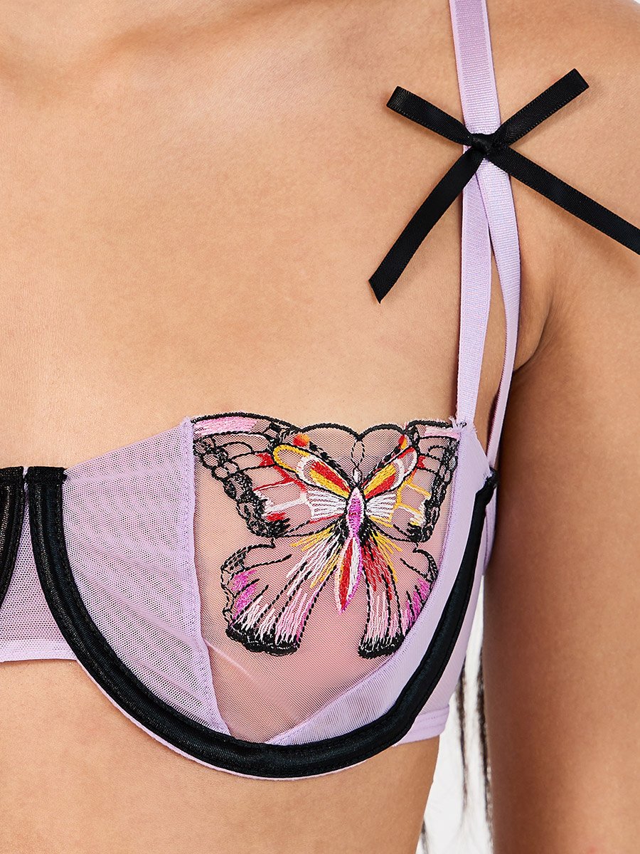Embroidered Butterfly Underwired Bra and Thong Set