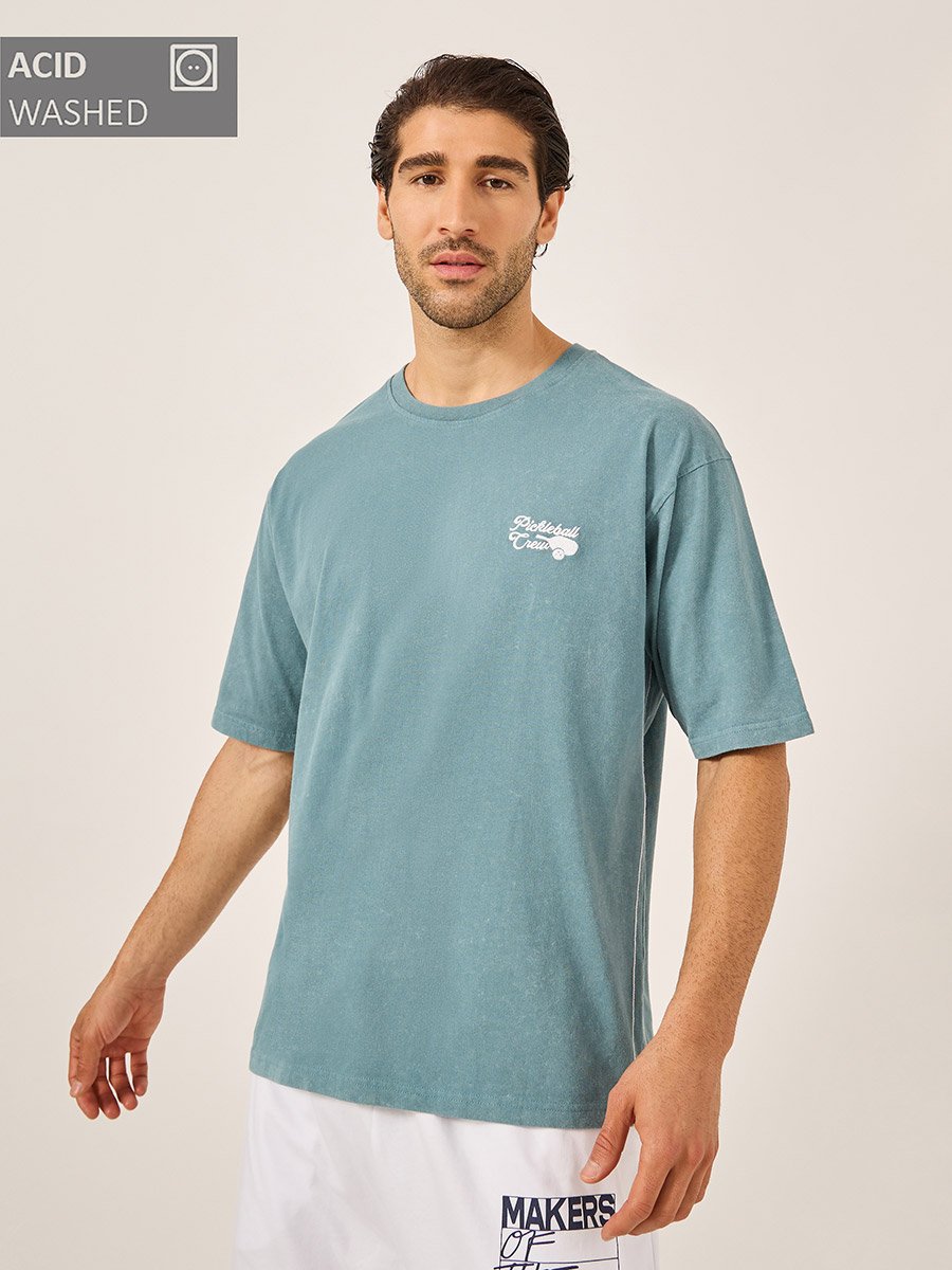 Acid Washed Oversized T-Shirt with Contrast Embroidery