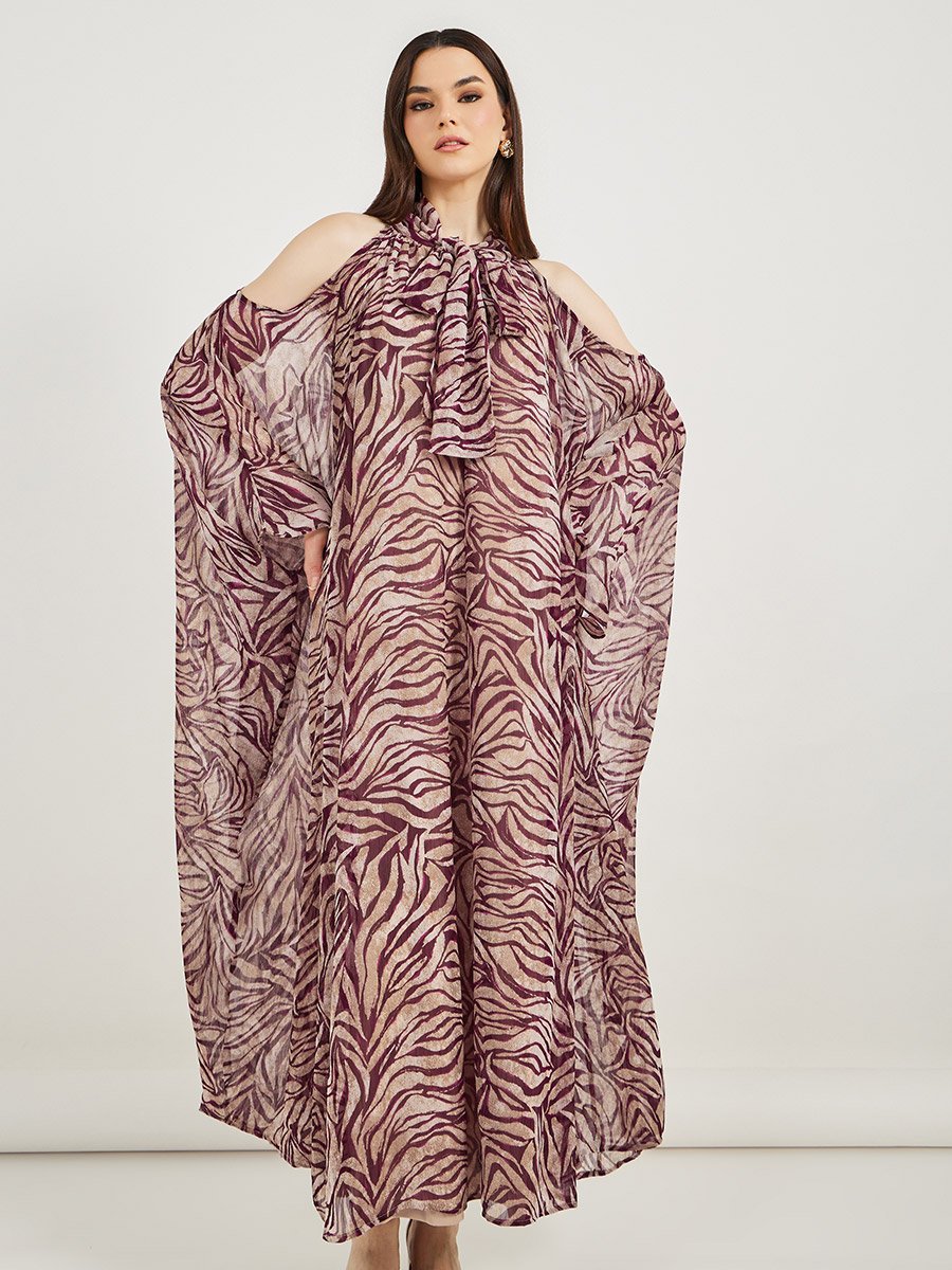 All-Over Print Tie-Up Neck Kaftan Maxi Dress