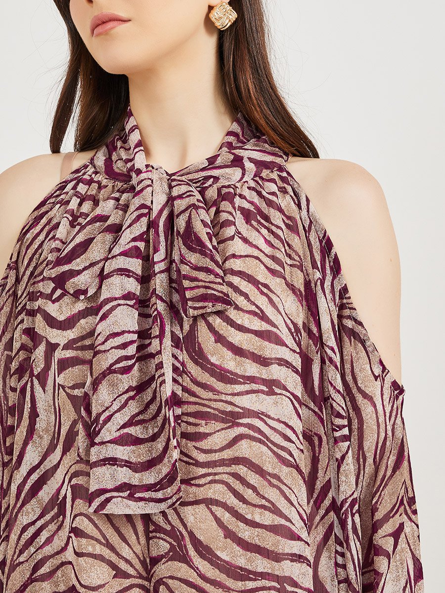 All-Over Print Tie-Up Neck Kaftan Maxi Dress