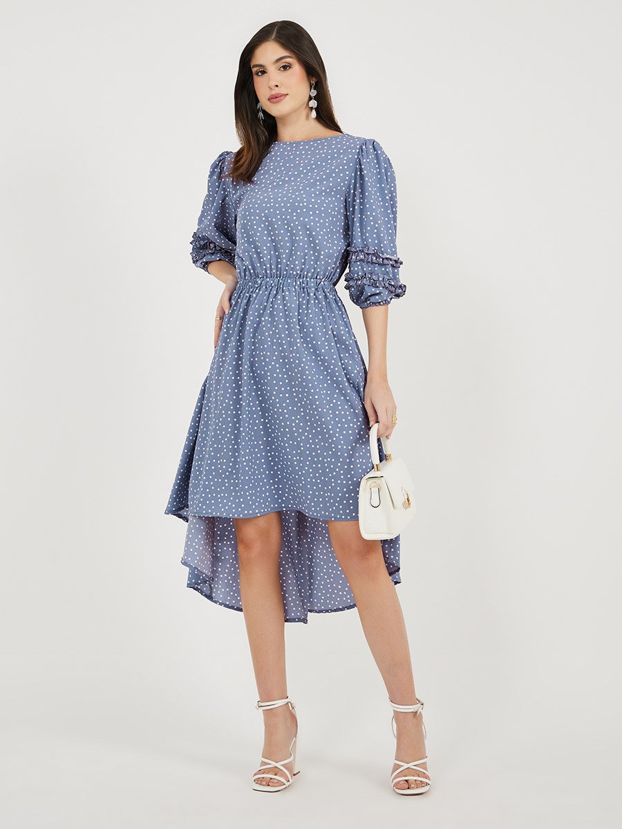 Polka Dot Print Asymmetric Hem Puff Sleeves Midi Dress