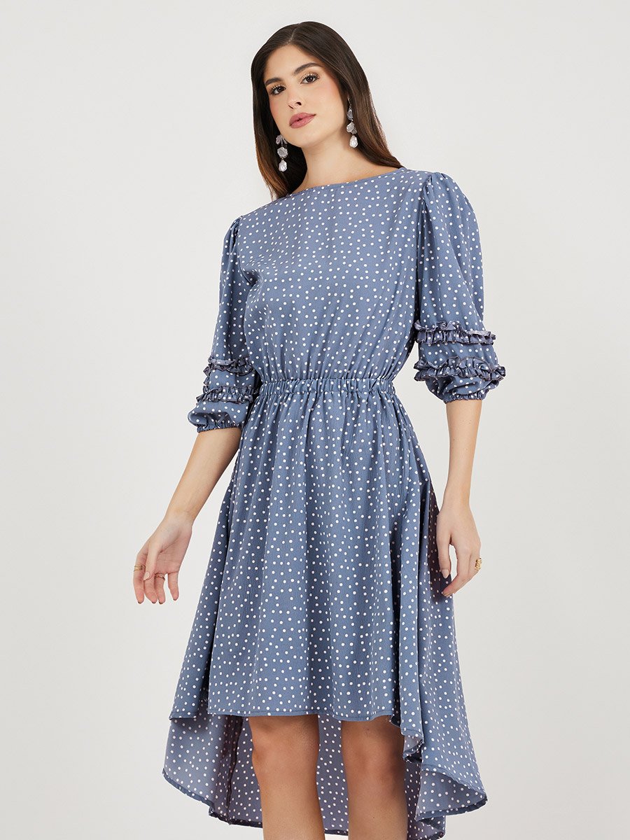 Polka Dot Print Asymmetric Hem Puff Sleeves Midi Dress