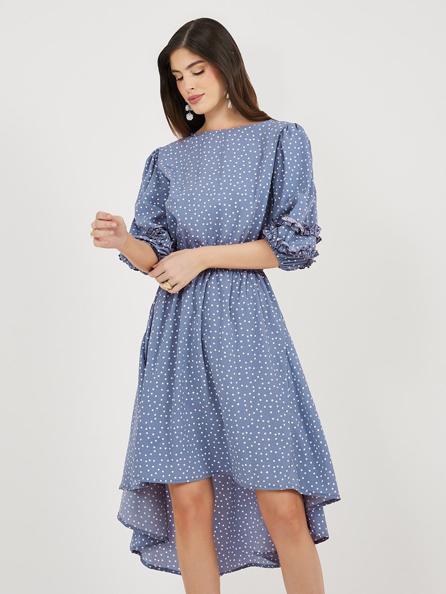 Polka Dot Print Asymmetric Hem Puff Sleeves Midi Dress
