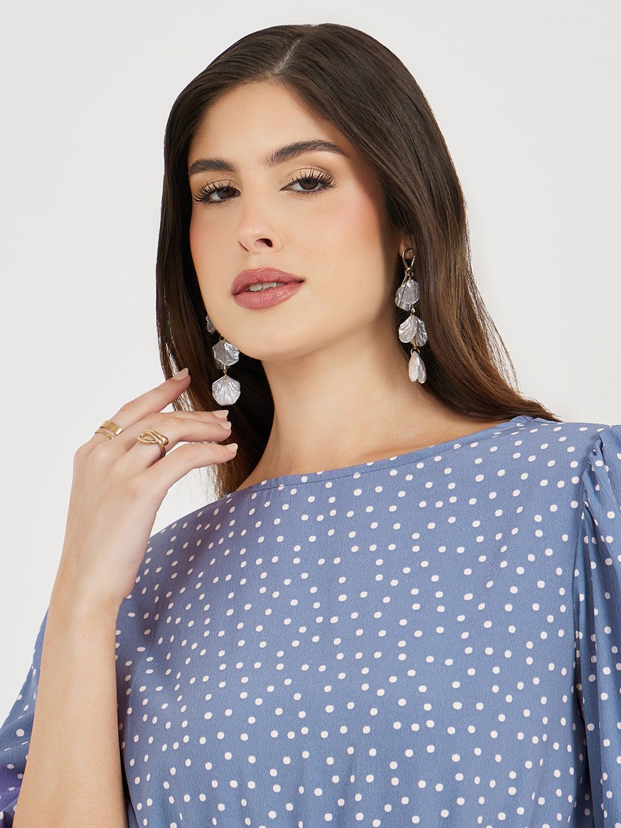 Polka Dot Print Asymmetric Hem Puff Sleeves Midi Dress