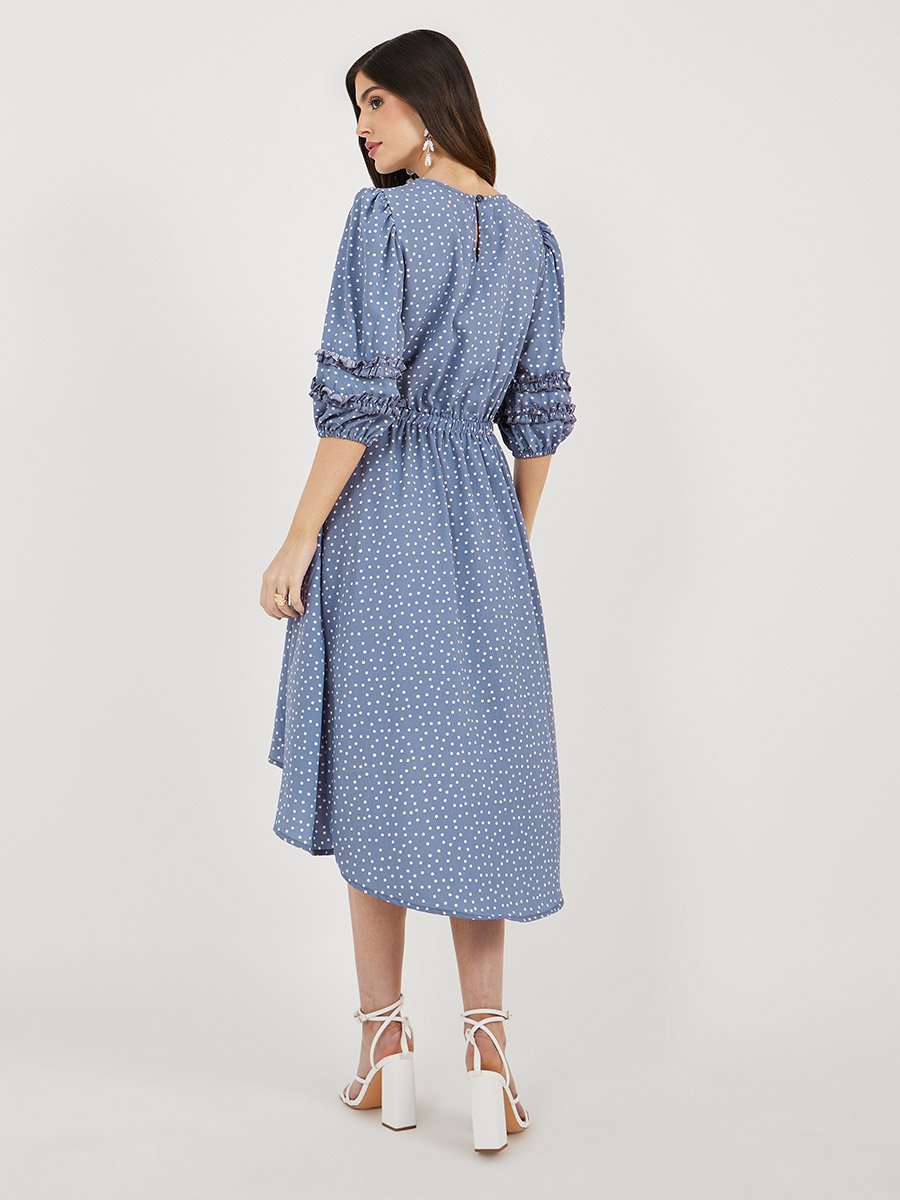 Polka Dot Print Asymmetric Hem Puff Sleeves Midi Dress