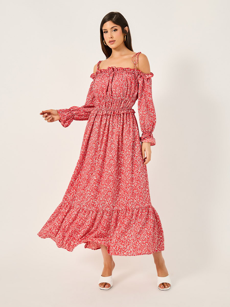Ditsy Print Off Shoulder A-Line Midi Dress