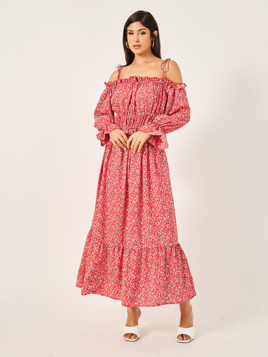 Ditsy Print Off Shoulder A-Line Midi Dress