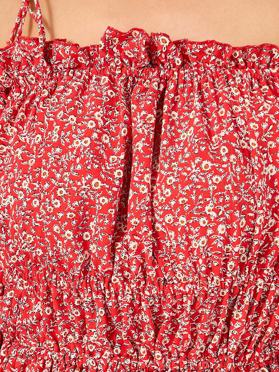 Ditsy Print Off Shoulder A-Line Midi Dress