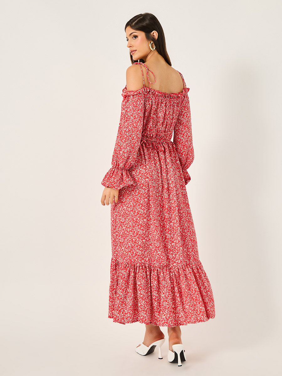 Ditsy Print Off Shoulder A-Line Midi Dress