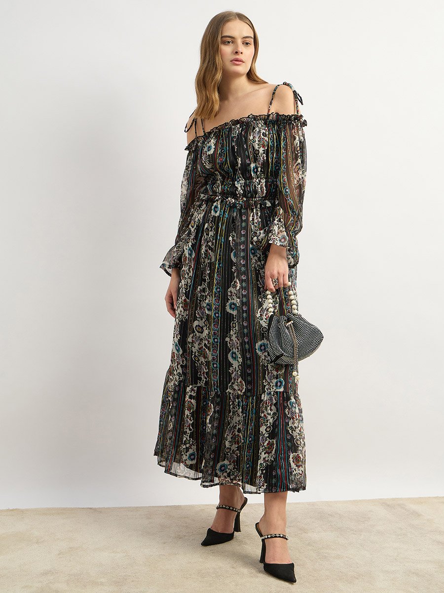 All Over Print Off Shoulder A-Line Midi Dress