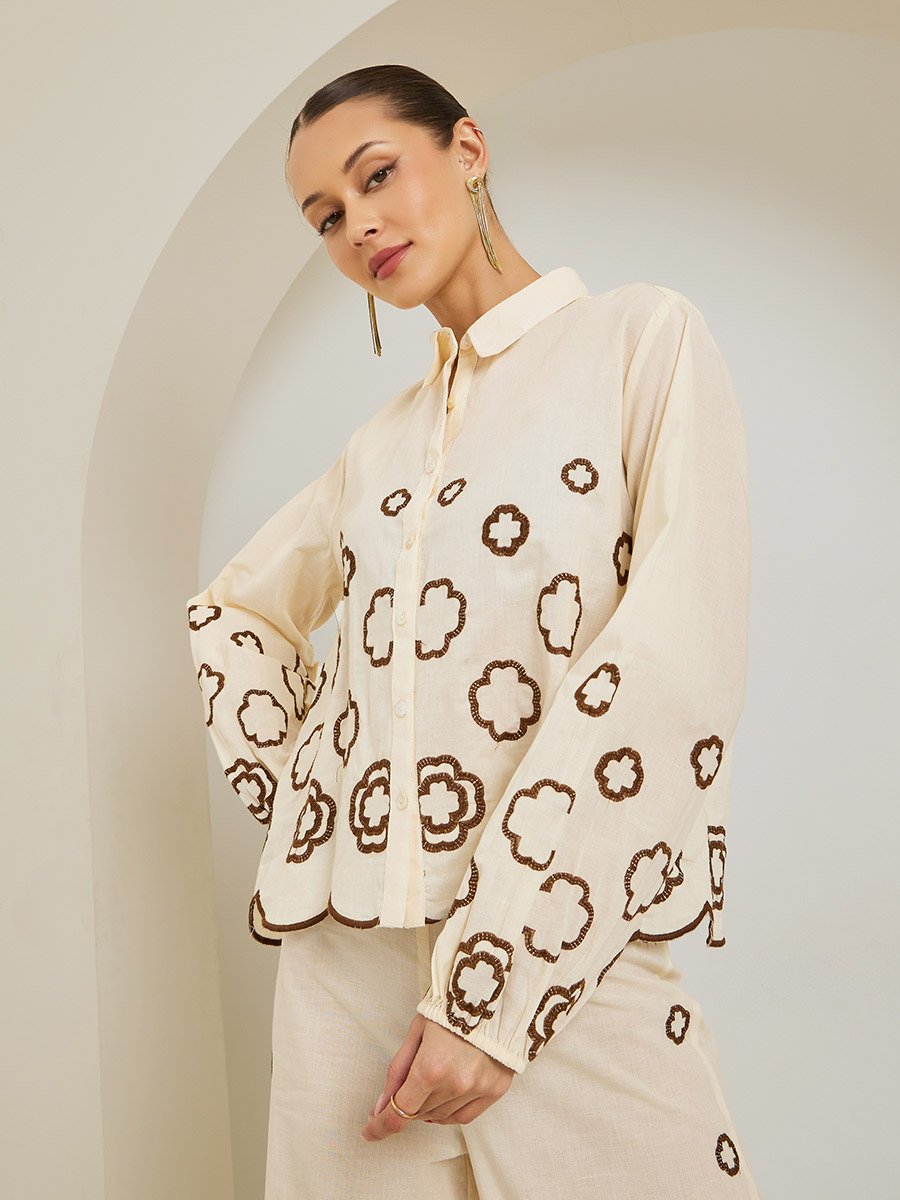 Women Off-White Embroidered Long Sleeve Shirt