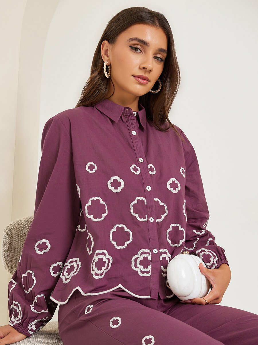 Women Purple Embroidered Long Sleeve Shirt
