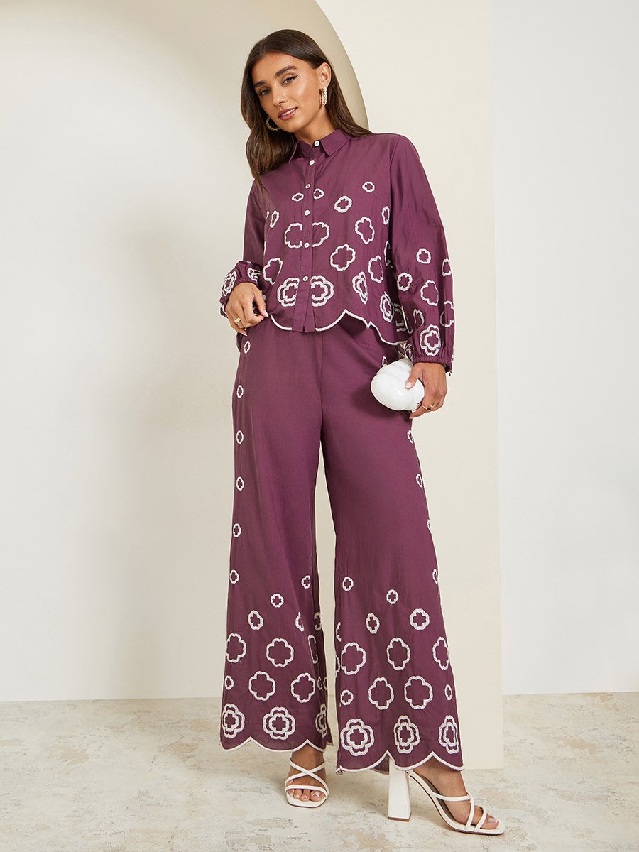 Women Purple Embroidered Long Sleeve Shirt