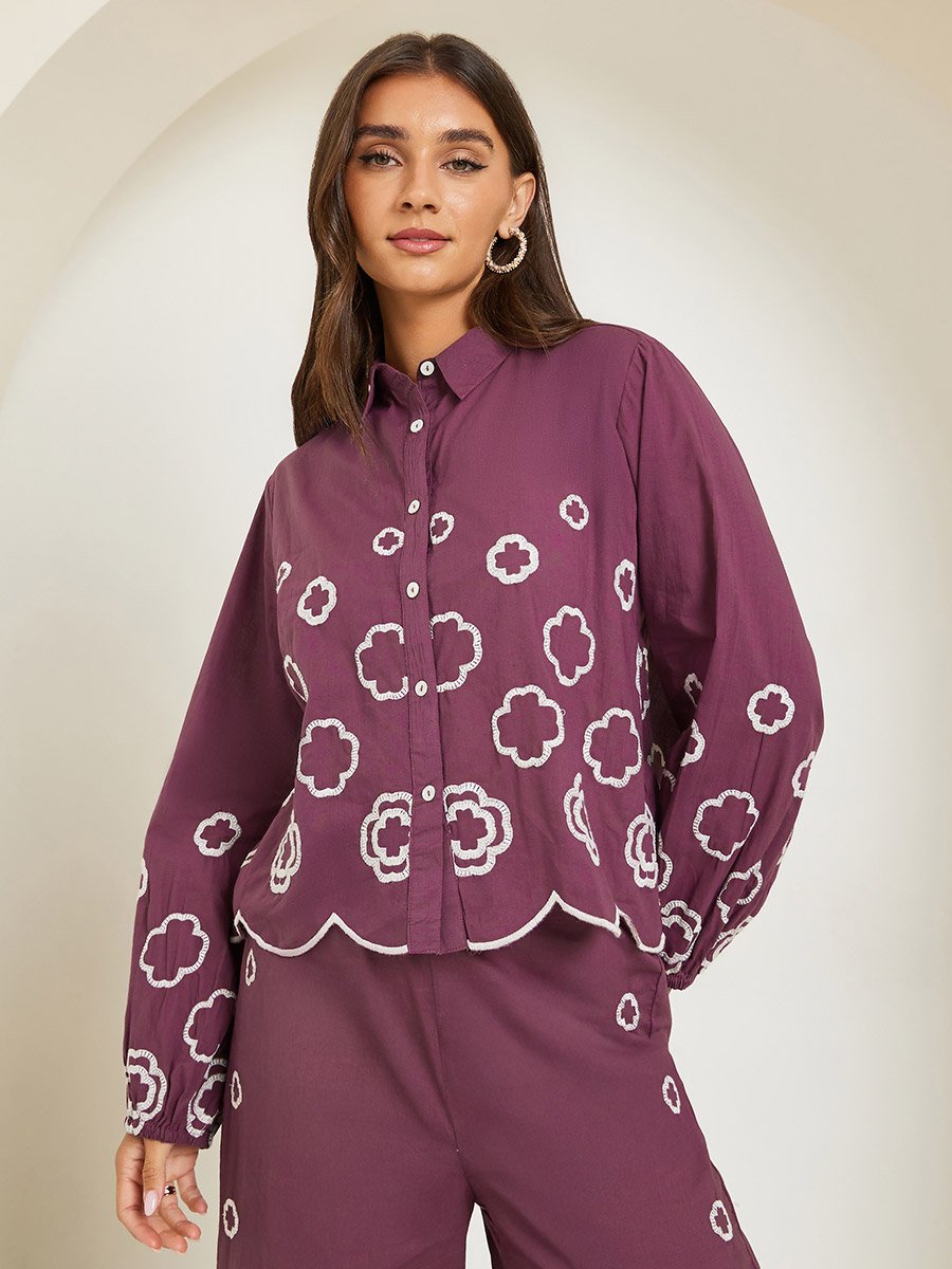 Women Purple Embroidered Long Sleeve Shirt