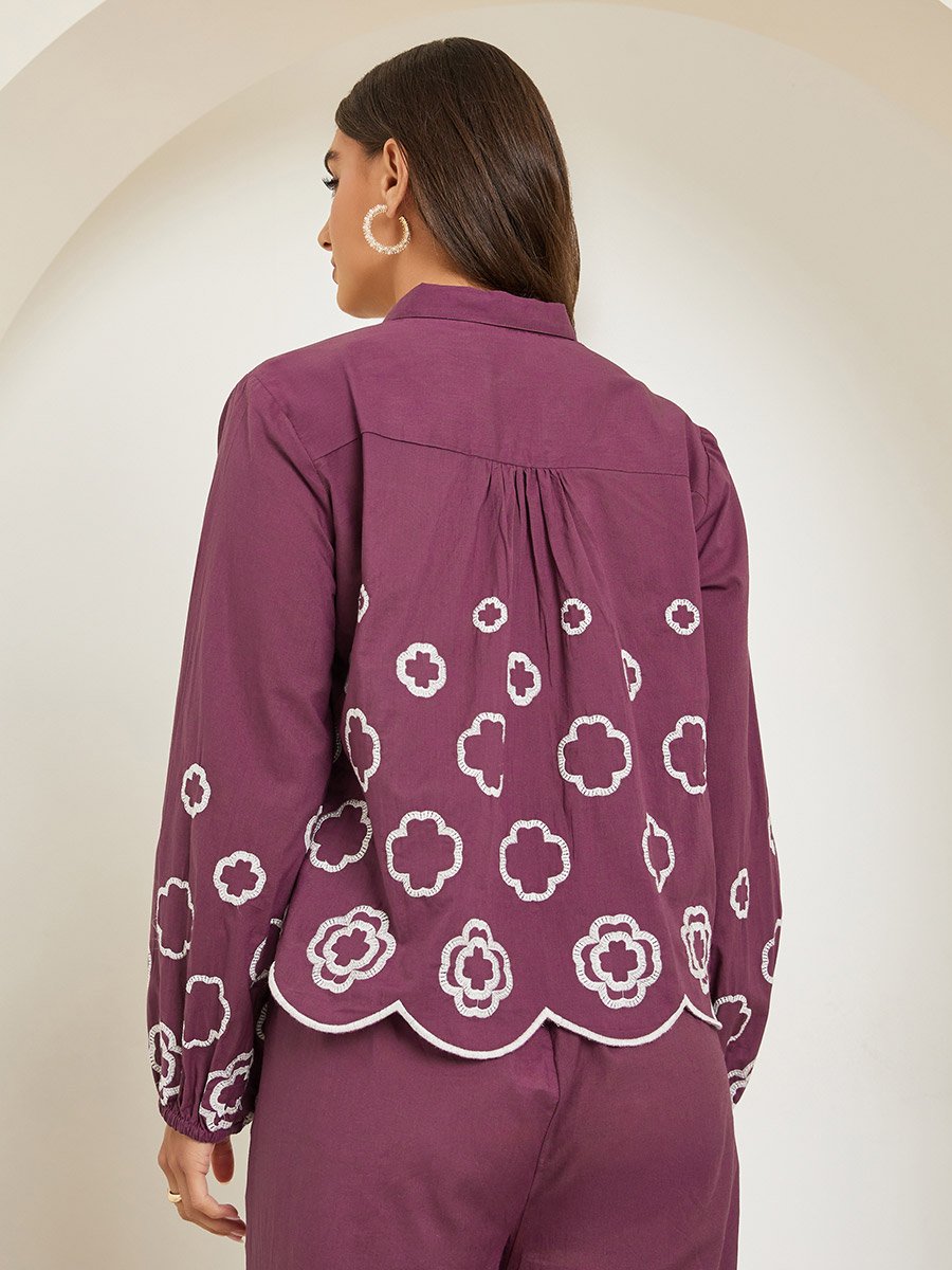 Women Purple Embroidered Long Sleeve Shirt