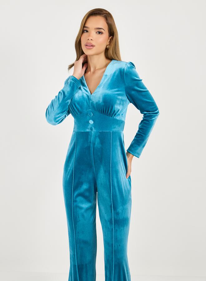 Velvet Look Wide Leg Jumpsuit with Corset Waist Detail