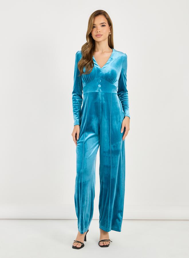 Velvet Look Wide Leg Jumpsuit with Corset Waist Detail