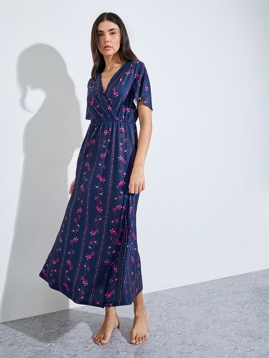 Navy Blue Linear Floral Print Wrap Over Nightdress