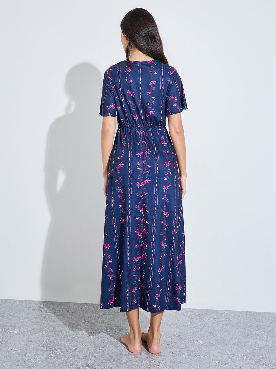 Navy Blue Linear Floral Print Wrap Over Nightdress