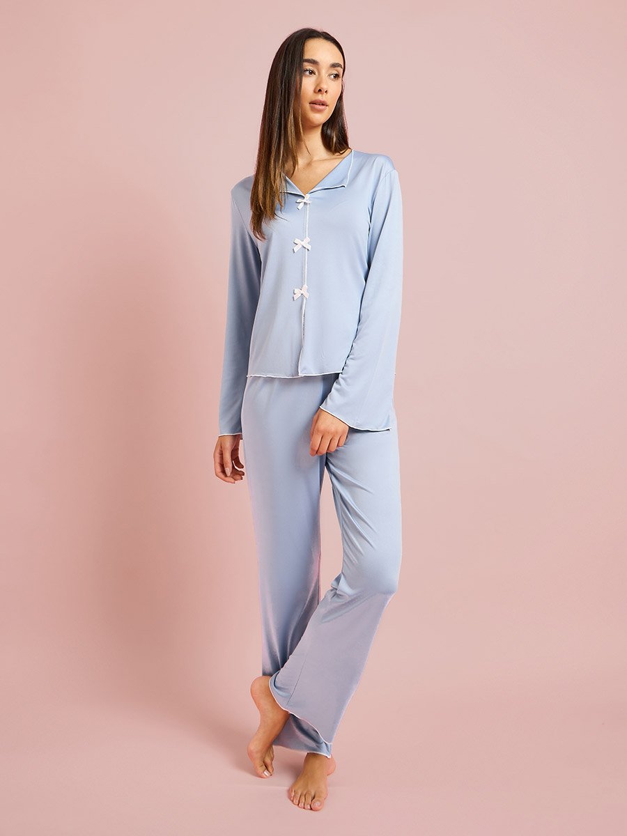 Blue Contrast Trims Bow Detail Blouse and Pants Pyjama Set