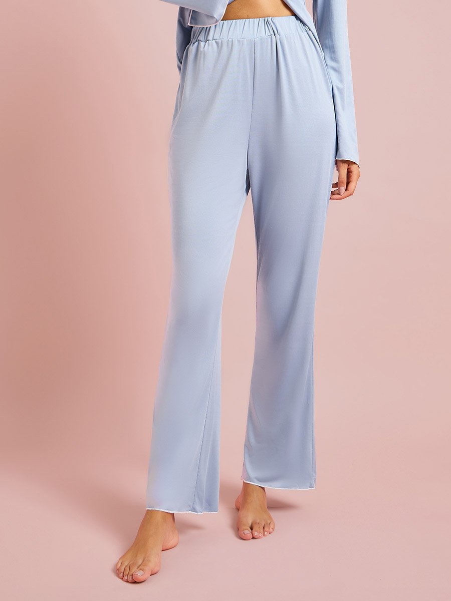 Blue Contrast Trims Bow Detail Blouse and Pants Pyjama Set