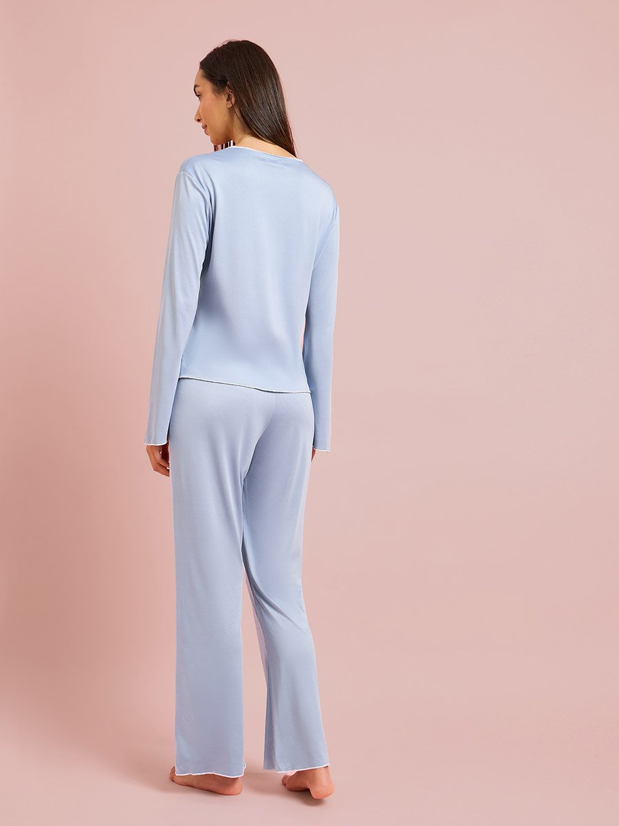 Blue Contrast Trims Bow Detail Blouse and Pants Pyjama Set