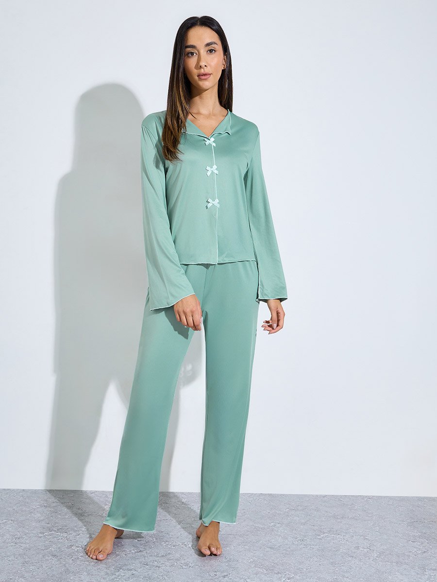 Green Contrast Trims Bow Detail Blouse and Pants Pyjama Set
