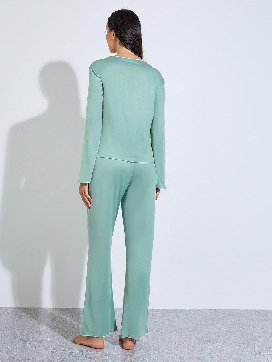 Green Contrast Trims Bow Detail Blouse and Pants Pyjama Set