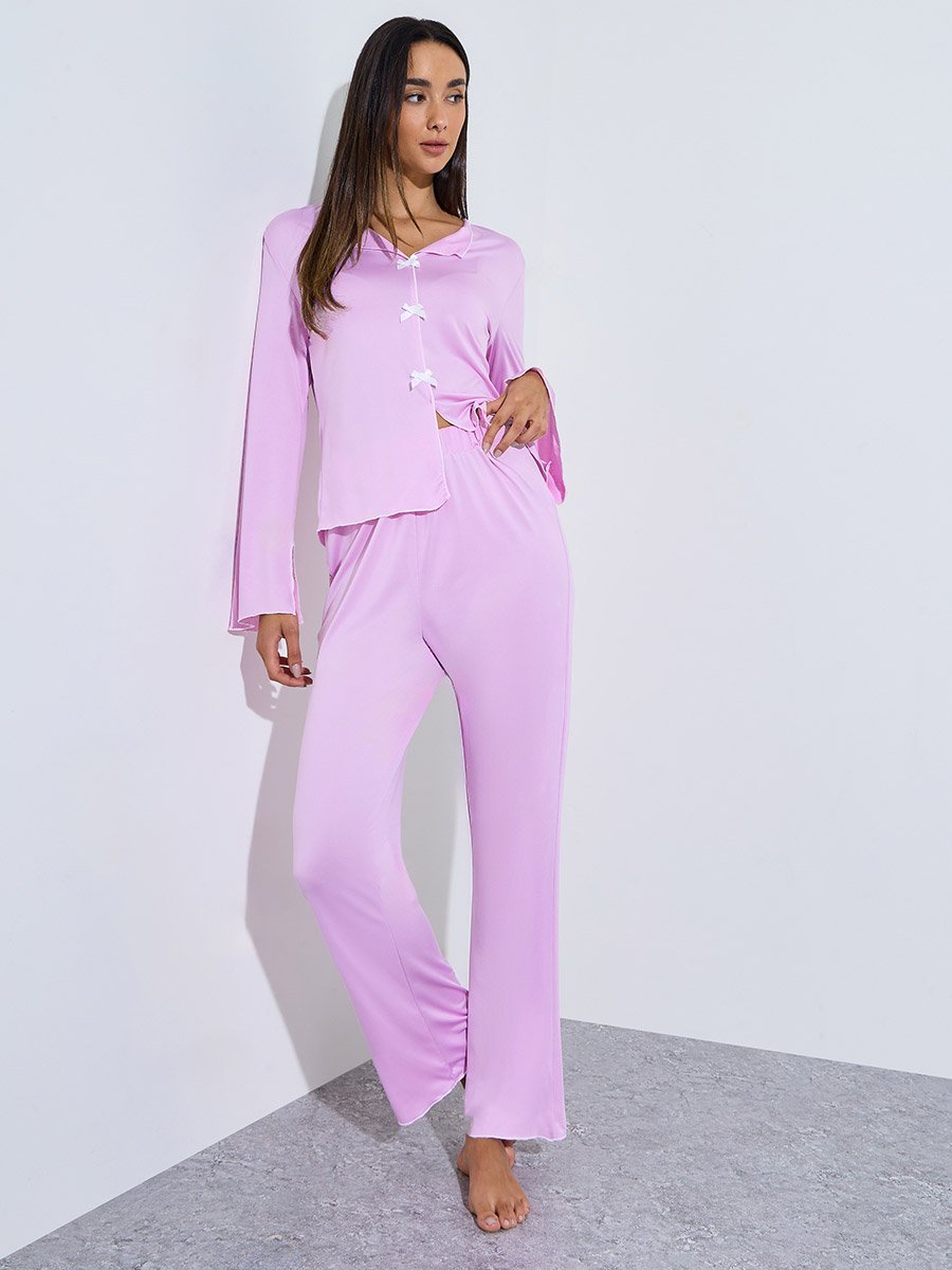 Pink Contrast Trims Bow Detail Blouse and Pants Pyjama Set