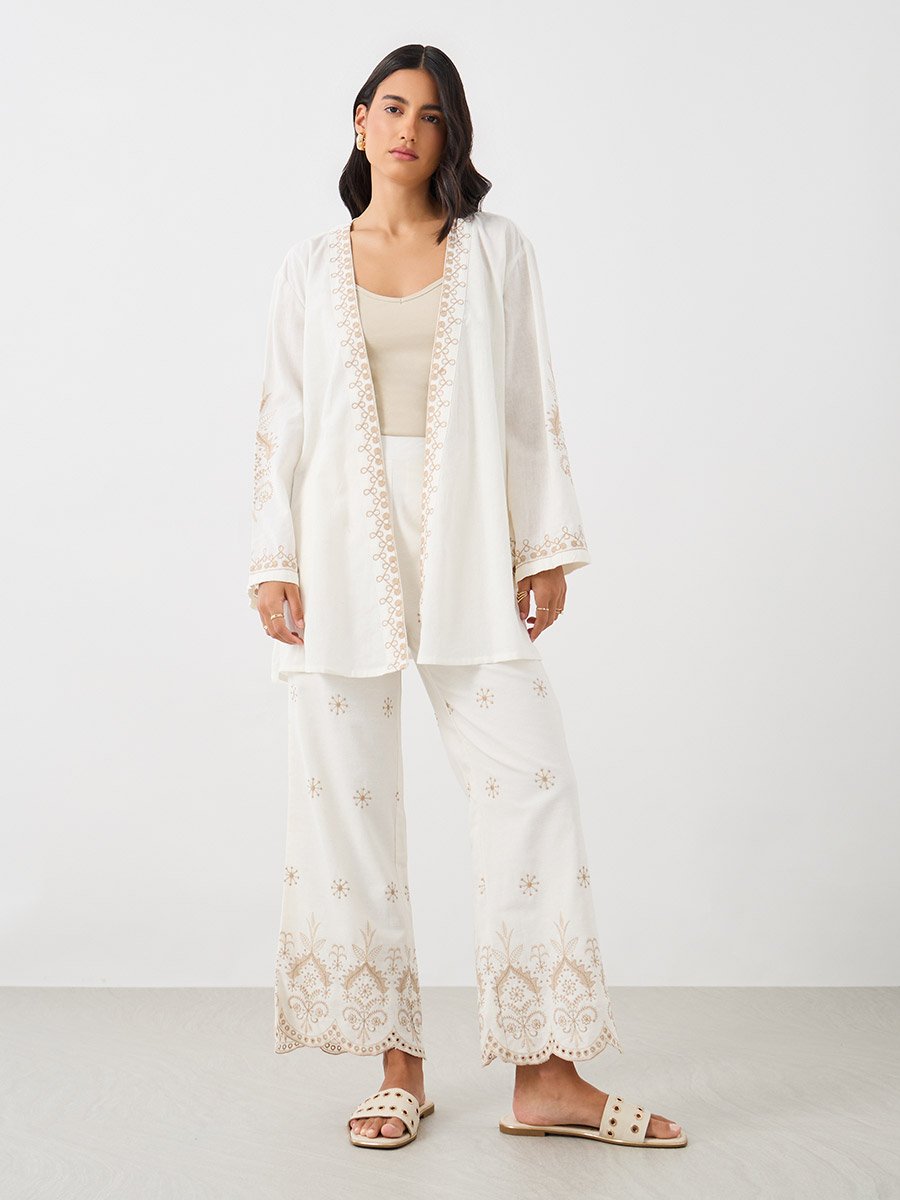 Embroidered Long Sleeves Belted Kimono