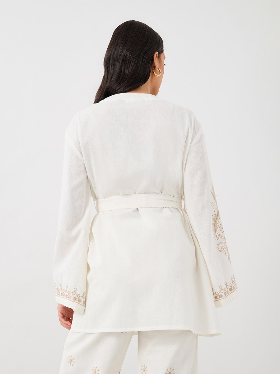 Embroidered Long Sleeves Belted Kimono