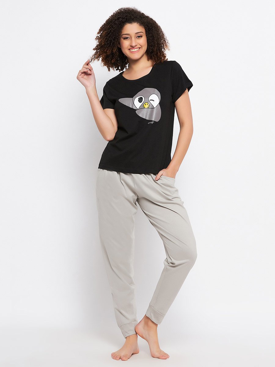 Cotton Penguin Graphic Print T-Shirt and Solid Jogger Set
