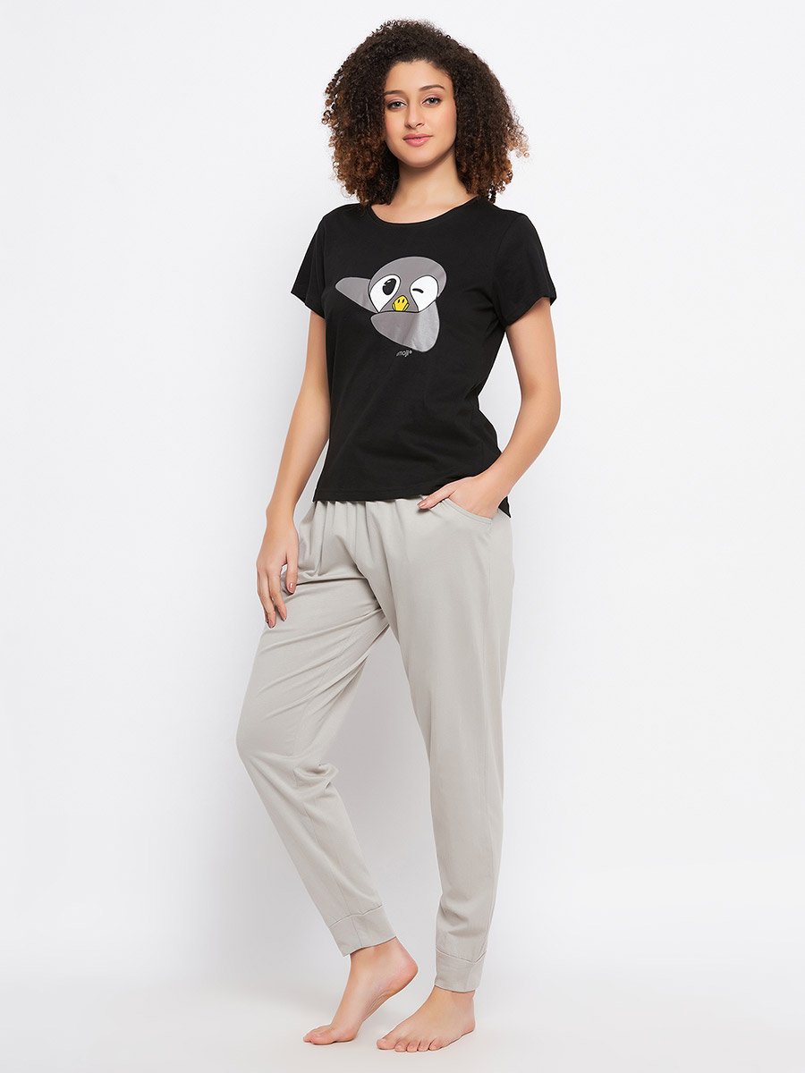 Cotton Penguin Graphic Print T-Shirt and Solid Jogger Set