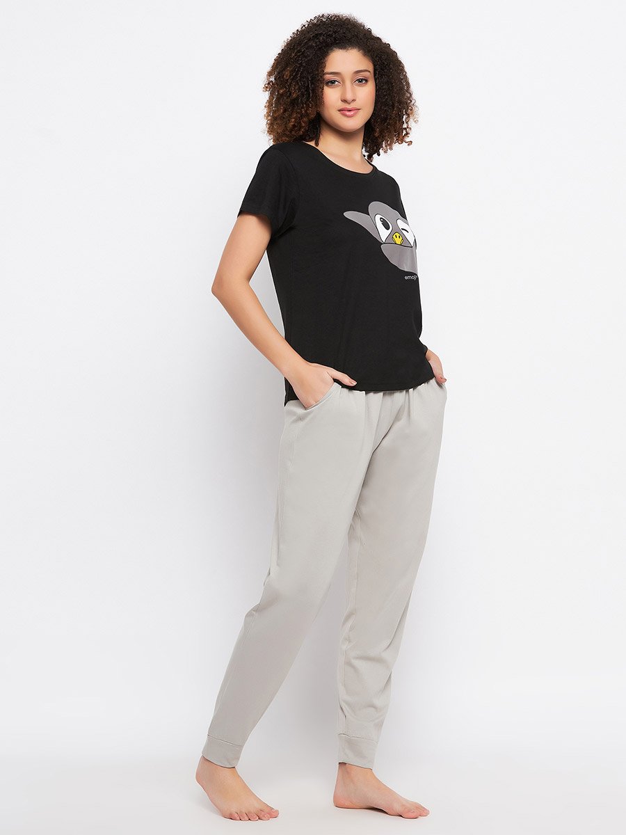 Cotton Penguin Graphic Print T-Shirt and Solid Jogger Set