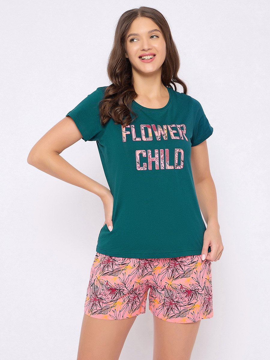 Slogan Print T-Shirt and Floral Shorts Set