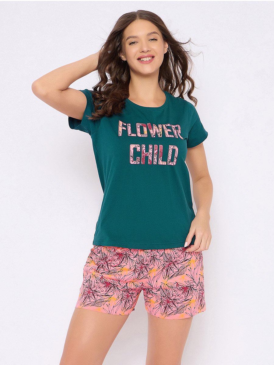 Slogan Print T-Shirt and Floral Shorts Set