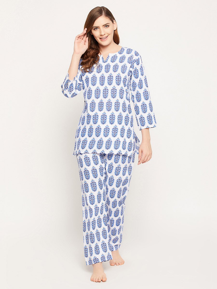 Cotton Floral Print 3/4 Sleeves Top and Pyjama Set