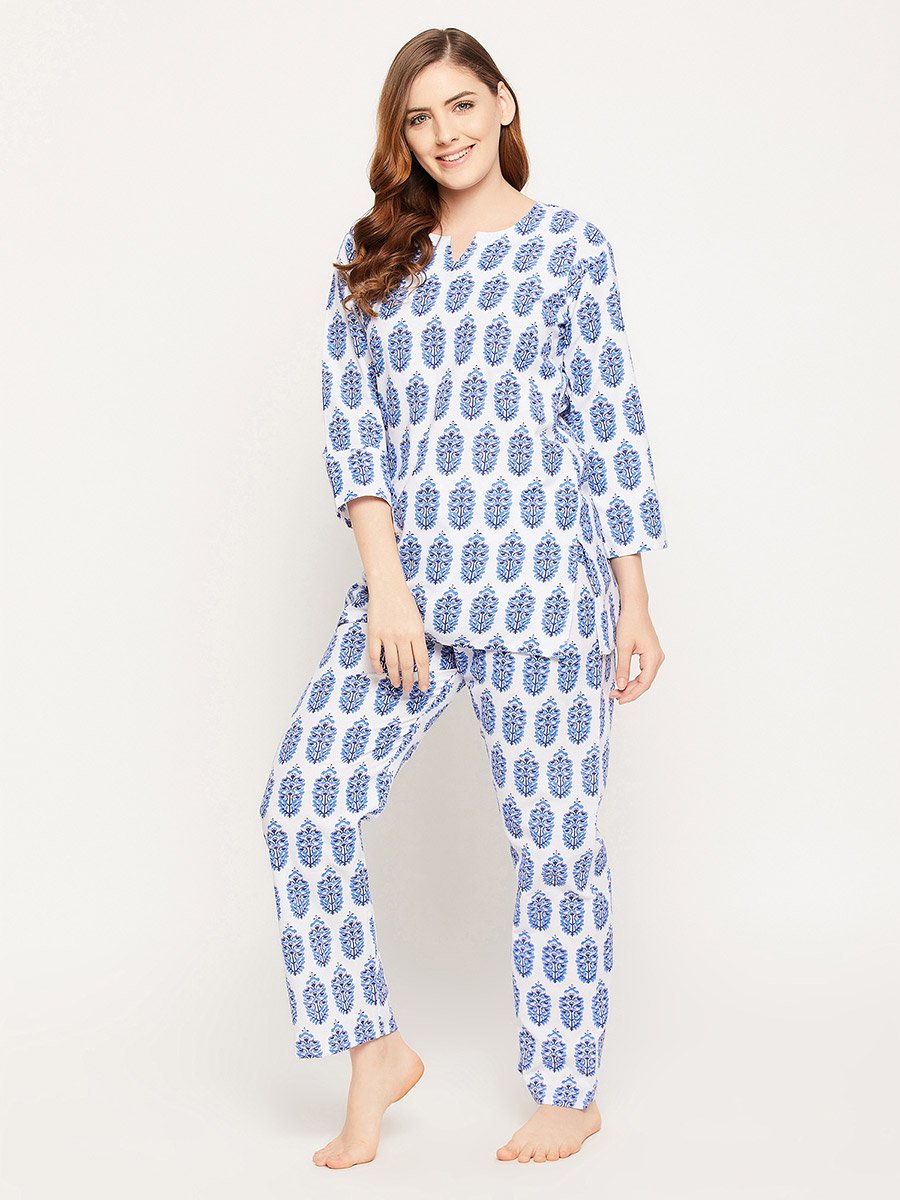 Cotton Floral Print 3/4 Sleeves Top and Pyjama Set