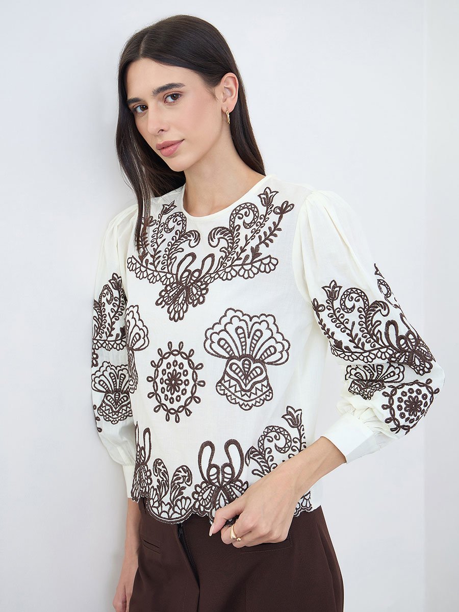 Off White Scalloped Hem Embroidered Top