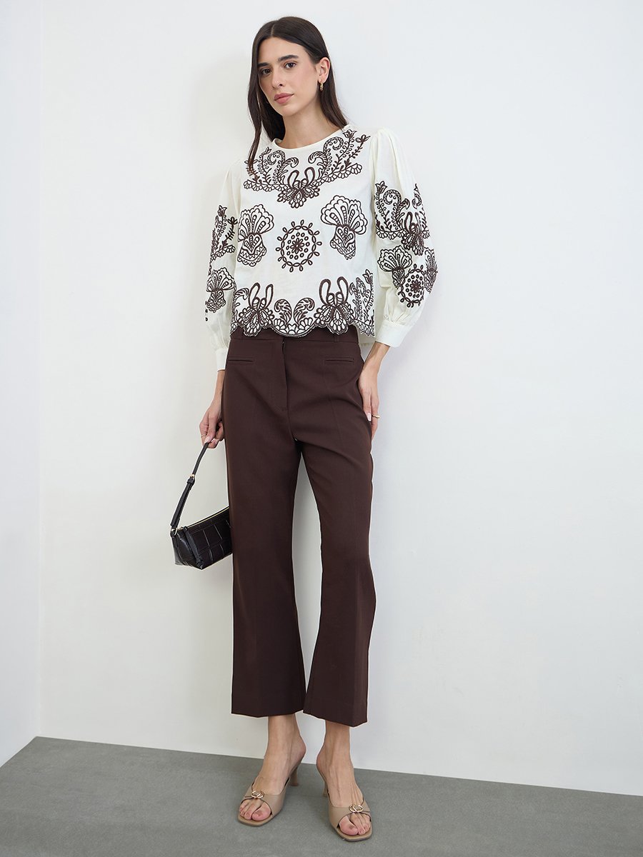 Off White Scalloped Hem Embroidered Top