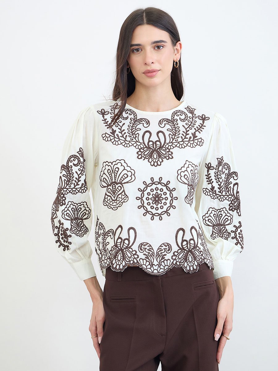 Off White Scalloped Hem Embroidered Top