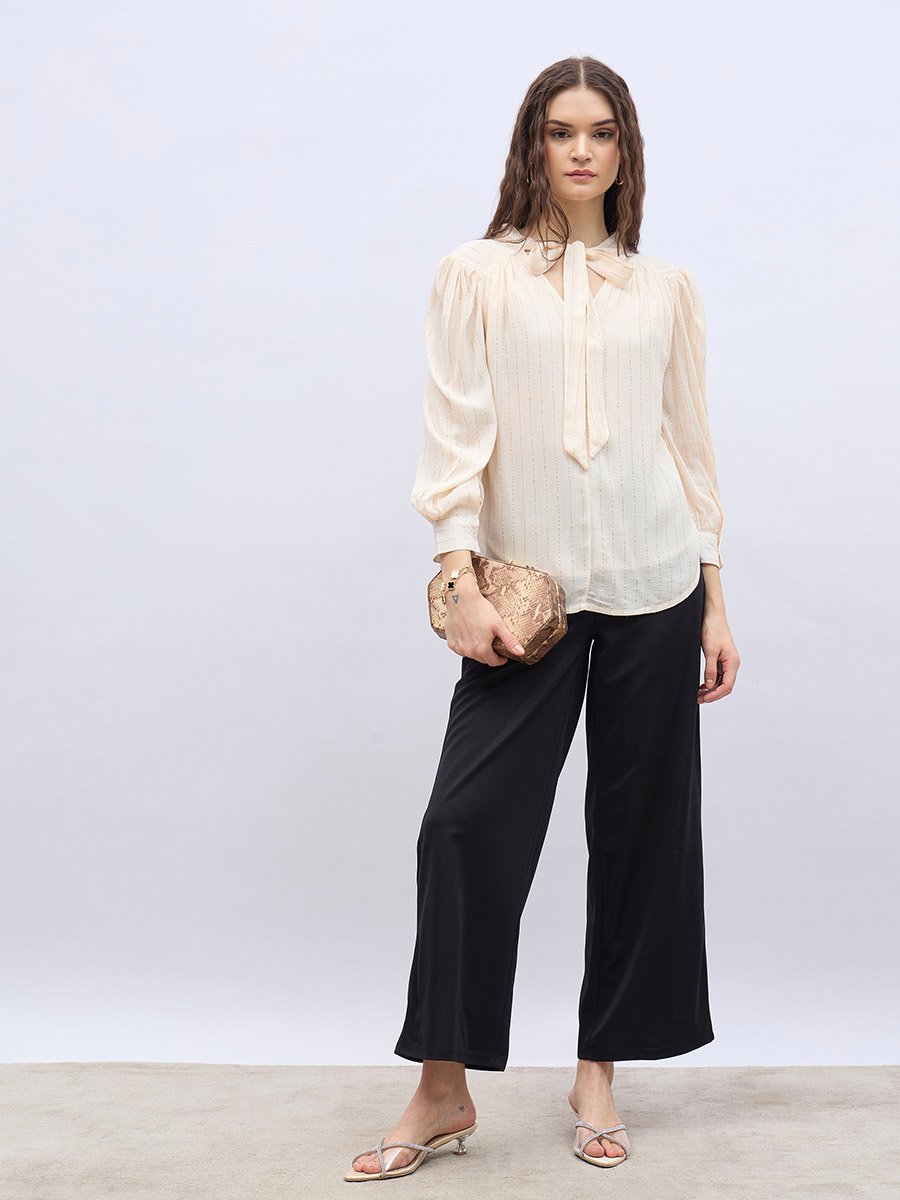 Textures Balloon Sleeve Tie-Up Neck Blouse