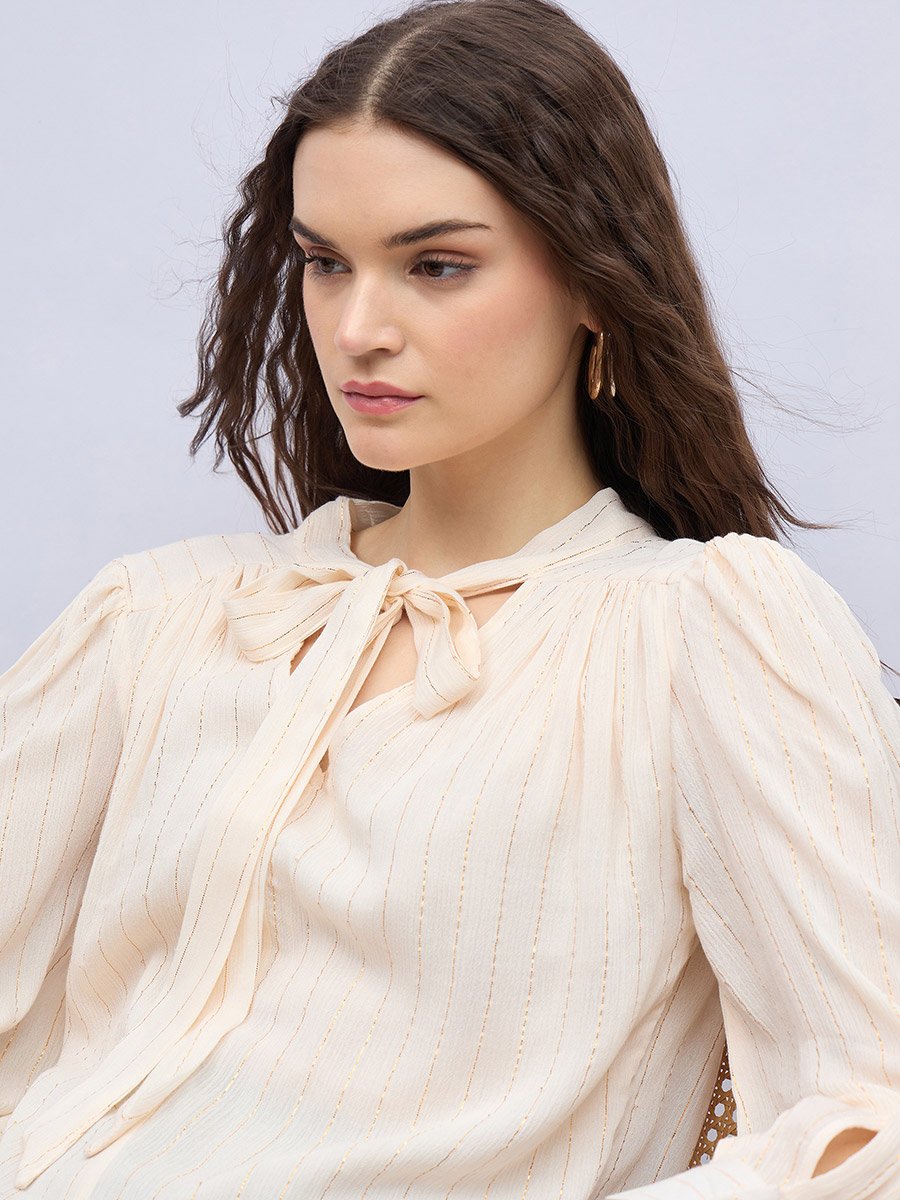 Textures Balloon Sleeve Tie-Up Neck Blouse