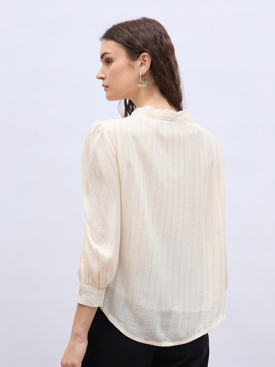 Textures Balloon Sleeve Tie-Up Neck Blouse