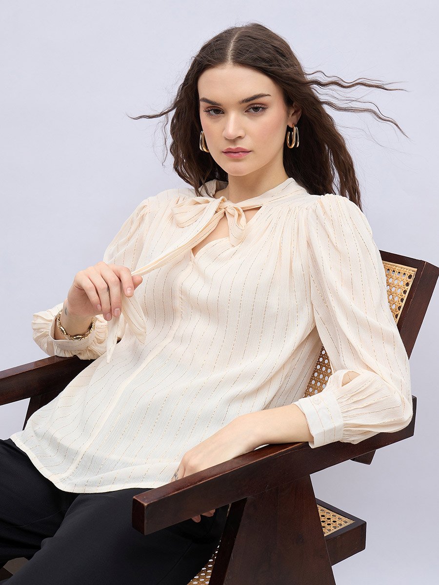 Textures Balloon Sleeve Tie-Up Neck Blouse