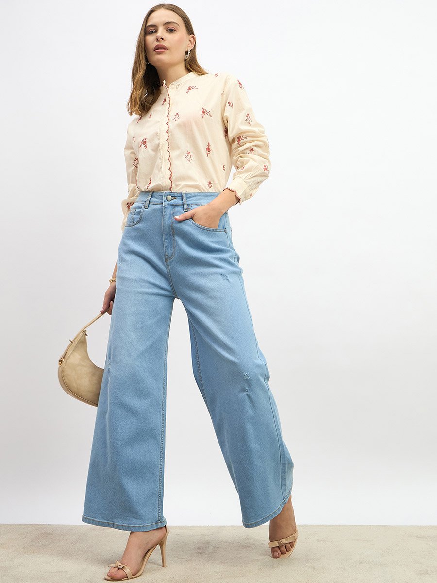 Embroidered Scalloped Detail Mandarin Collar Top