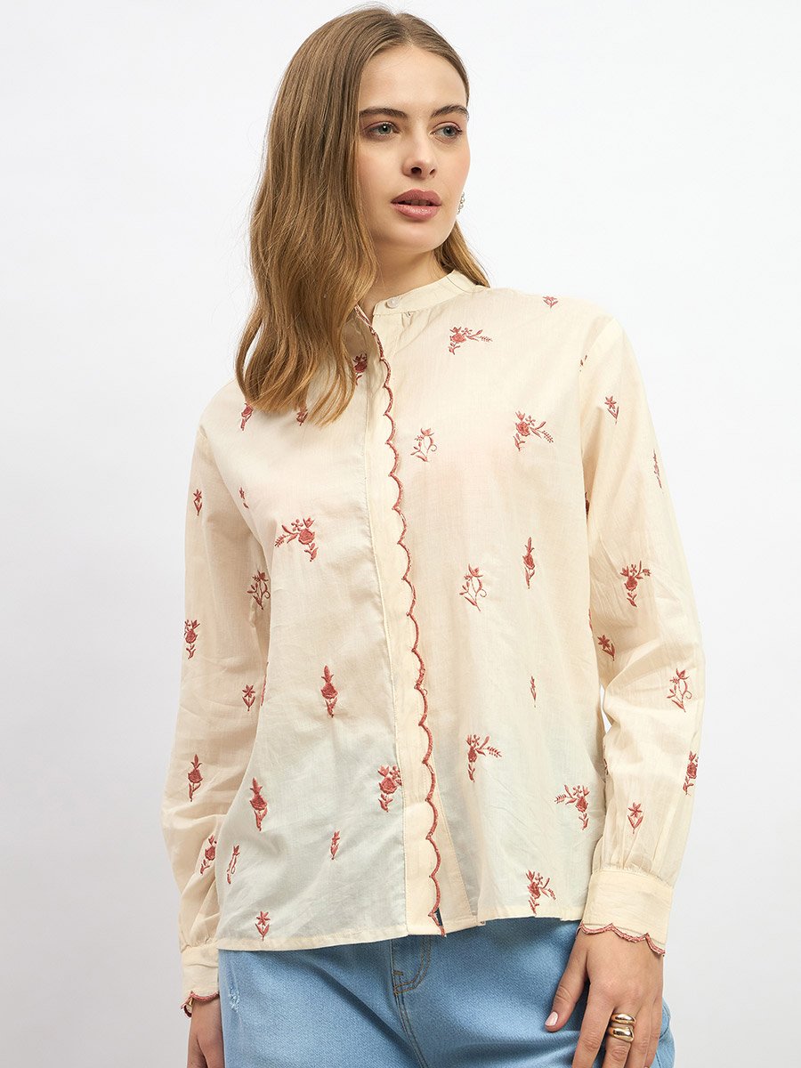 Embroidered Scalloped Detail Mandarin Collar Top