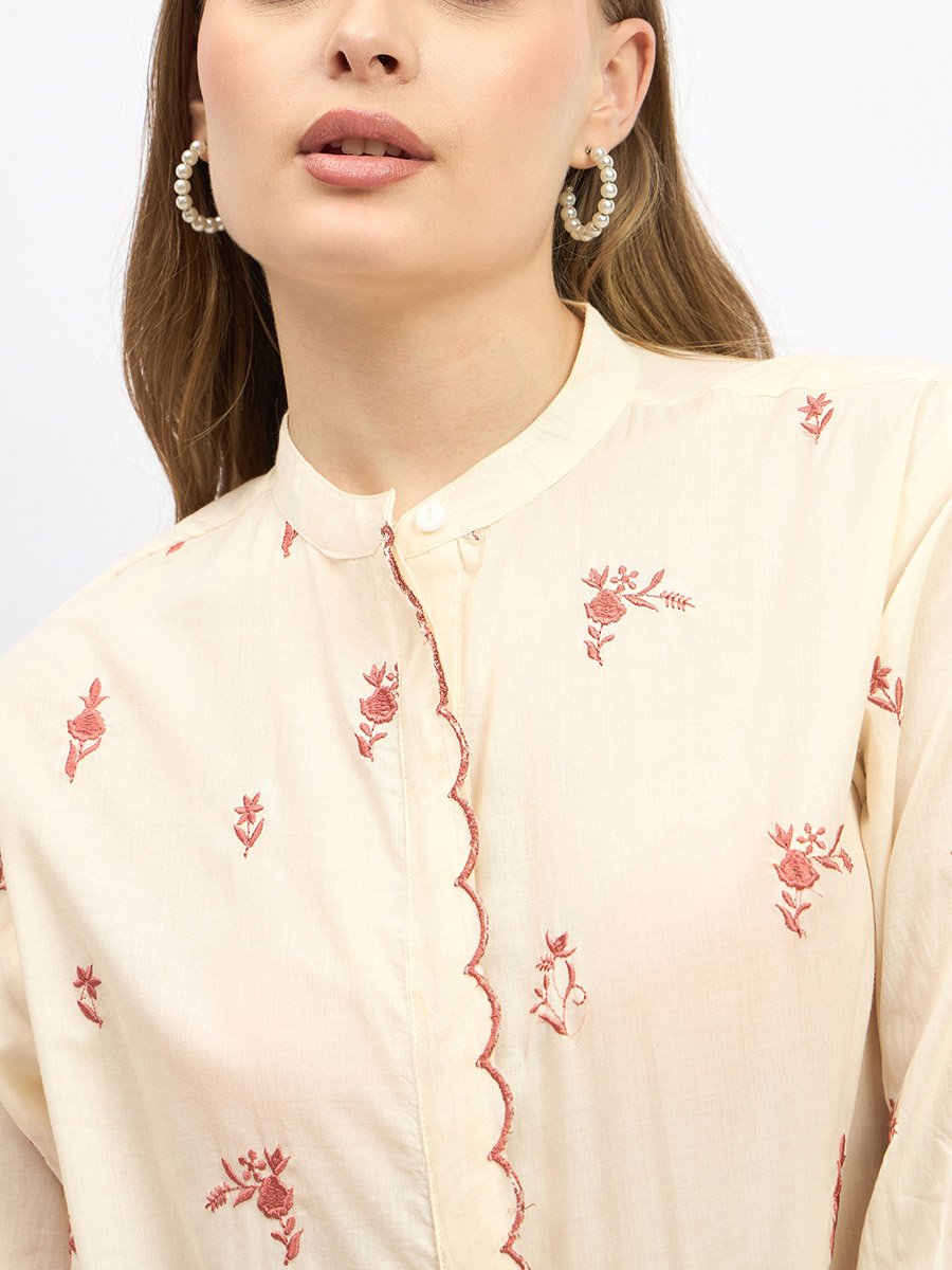 Embroidered Scalloped Detail Mandarin Collar Top