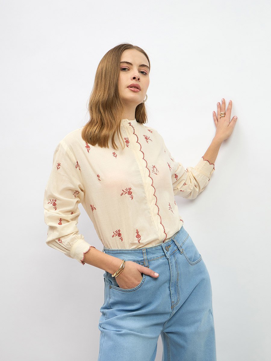 Embroidered Scalloped Detail Mandarin Collar Top
